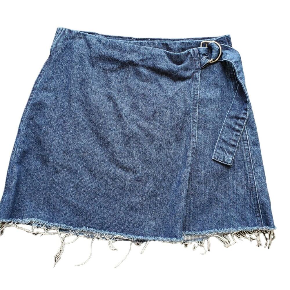 Madewell Casual Wrap Skirt Size 2 Blue Denim Raw Hem Belted Above Knee - Picture 1 of 8